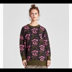 Zara Floral Jacquard Sweater green pink Size Medium
